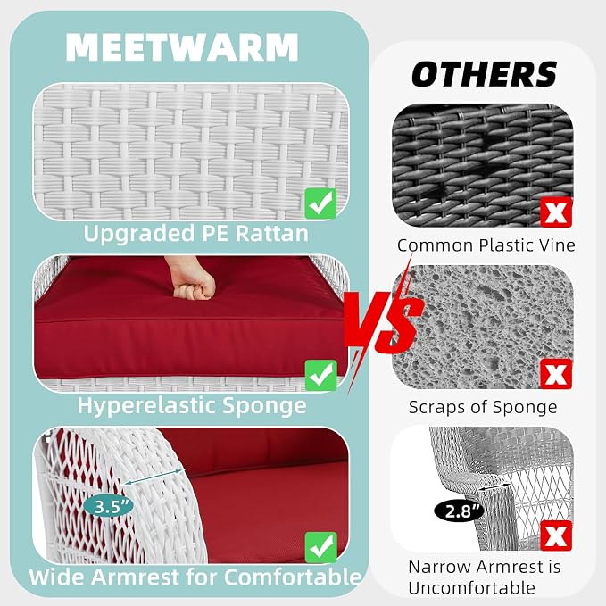 MEETWARM 4 Pieces Outdoor Wicker Patio Conversation Sets with Glider Loveseat, 2 Chairs with Coffee Table Wicker Rocking Chair Set, Patio Furniture Set with Thickened Cushions, White/Red