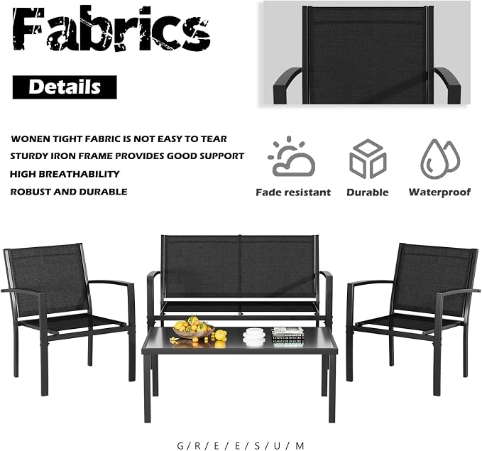 Greesum 4 Pieces Patio Furniture Set, Outdoor Conversation Sets for Patio, Lawn, Garden, Poolside with A Glass Coffee Table, Black