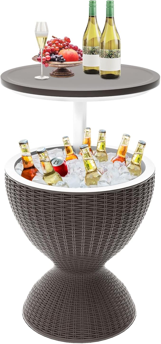 Patio Cool Bar Table, Height-Adjustable Outdoor Bar Tables 8 Gallon Beer and Wine Cooler, 3-in-1 Rattan Style Ice Cooler with Drainage Plug for Pool Party (Grey)