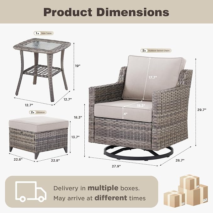 Belord Patio Wicker Swivel Rocker Patio Chairs with Side Table, Outdoor Rattan Chairs for Deck Porch Garden, 5 Piece Luxury Patio Furniture Set, Beige