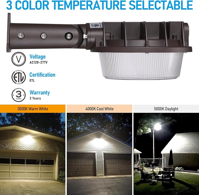 TORCHSTAR 3CCT LED Barn Light Dusk to Dawn Area Lights Aluminum Bronze | Outdoor Security Flood Lighting with Photocell, 40W/60W/80W Selectable, ETL & FCC Listed, IP65 Waterproof, 120-277V, Garage