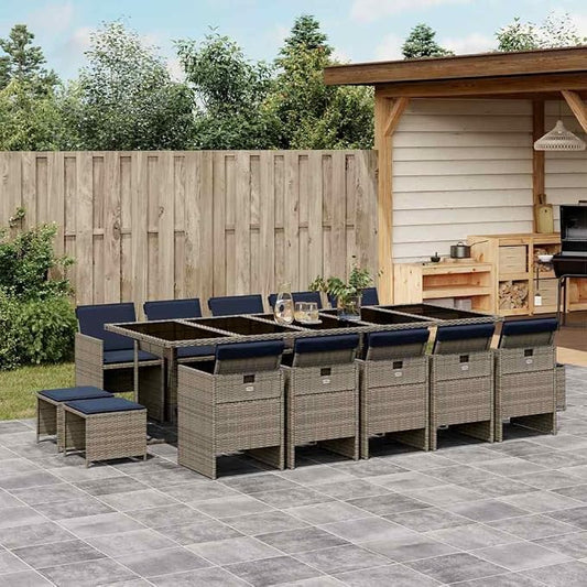 15 Piece Garden Dining Set with Cushions Grey Poly Rattan Outdoor Patio Furniture Set with 10 Folding Chairs Storage Stool Tempered Glass Table UV Resistant Max Load 110 kg Navy Blue