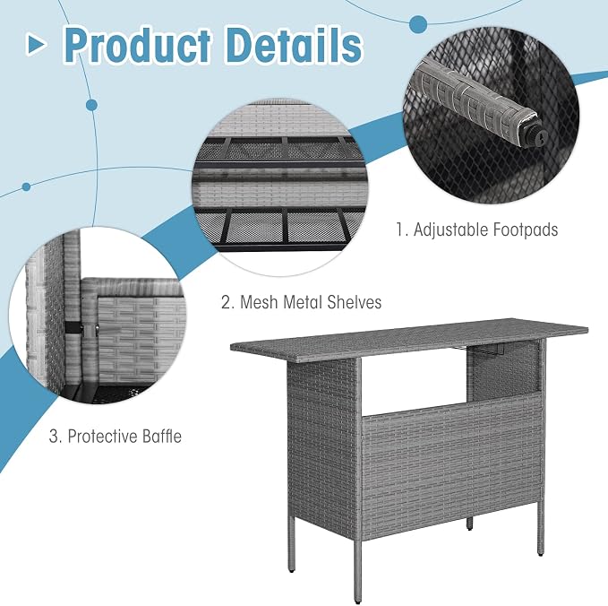 Tangkula Outdoor Wicker Bar Table, Patiojoy All Weather Patio Bar Height Table with 2 Metal Mesh Shelves & 2-Rail Steel Stemware Racks, Rattan Bar Counter Table for Backyard, Poolside (Mix Grey)