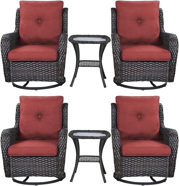 Rilyson Wicker Rocking Chair Swivel Chairs – 6 Piece Rocker Patio Furniture Set Rattan Rocking Bistro Sets with Glass Top Side Table for Outdoor Porch Deck Garden Backyard(Brown/Red)