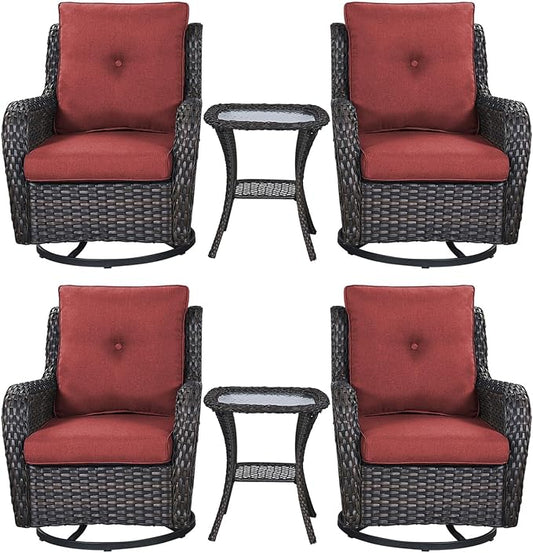 Rilyson Wicker Rocking Chair Swivel Chairs – 6 Piece Rocker Patio Furniture Set Rattan Rocking Bistro Sets with Glass Top Side Table for Outdoor Porch Deck Garden Backyard(Brown/Red)