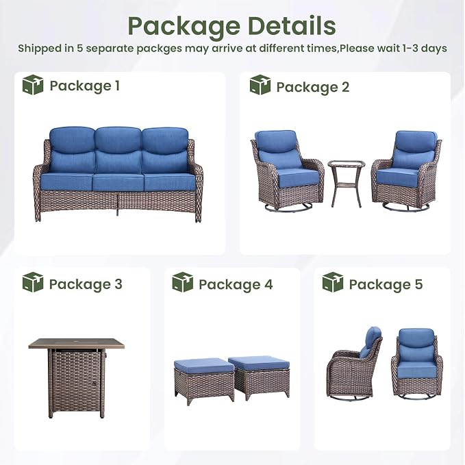 Luxury Patio Furniture Set with 6-inch Thick Cushion, Outdoor Furniture with Fire Pit Table, Swivel Chairs, Sofa, Side Table, Ottomans, 9pcs Wicker Conversation Set (Brown Wicker | Blue Cushion)