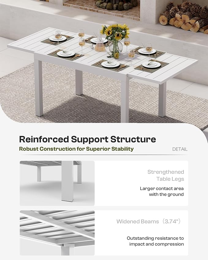 Outdoor Aluminum Patio Dining Table Set for 6 Person, Expandable Outdoor Table and 6 Chairs with Textilene Fabric & HDPS Armrest, All-Weather Patio Furniture Set for Yard, Garden, White