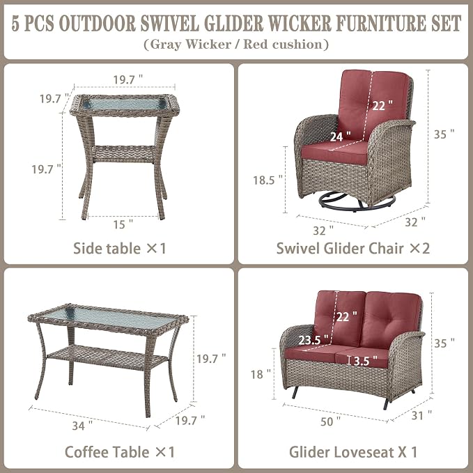 Belord 5 Piece Wicker Patio Furniture Set - Outdoor Conversation Sets with Deep Seating Swivel Rocker Chairs Loveseat and Rattan Coffee Table for Deck Backyard Poolside, Gray Wicker/Red Cushion
