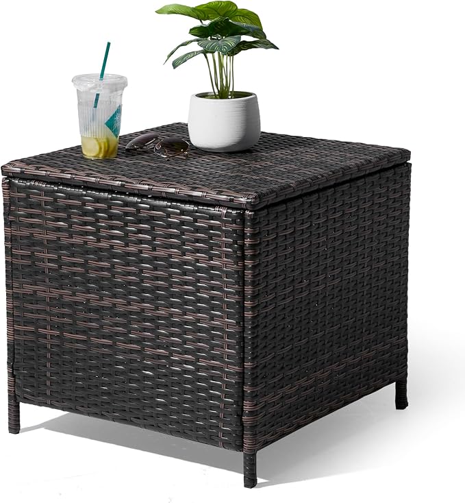 21" Patio Rattan Wicker Side Table,27 Gallon Small Outdoor Rattan Storage Bin,Wicker Side Table,All-Weather Outdoor Storage Box,with Lid,for Garden Porch Deck Backyard (Brown)