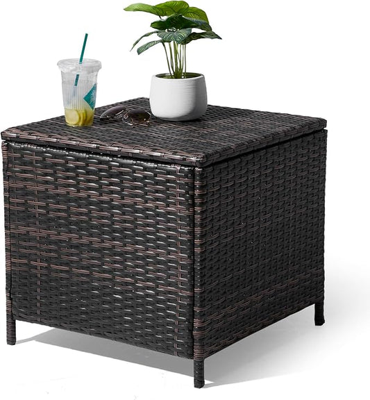 21" Patio Rattan Wicker Side Table,27 Gallon Small Outdoor Rattan Storage Bin,Wicker Side Table,All-Weather Outdoor Storage Box,with Lid,for Garden Porch Deck Backyard (Brown)