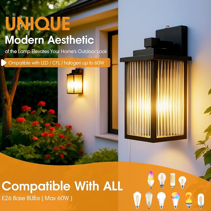 2-Pack 13" Black Dusk to Dawn Wall-Mounted Exterior Light Fixtures | Auto On and Off, Anti-Rust Metal Frame, Tempered Glass, E26 Socket, Easy DIY Install on Porch, Garage