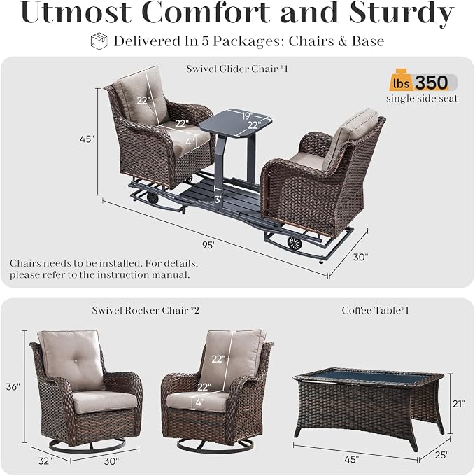 Rilyson Luxury Wicker Outdoor Conversation Set with Glider Rocker Chairs, 4 Pieces Patio Furniture Set with Rattan Swivel Rocker Chairs and Coffee Table All Weather Brown/Beige
