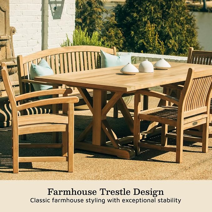 TITAN GREAT OUTDOORS Ash & Ember Savannah Grade A Teak 92.5" Farmhouse Dining Table, Weather Resistant Wood for Garden, Backyard, Patio Indoor Outdoor Patio Furniture, Solid Brass Hardware