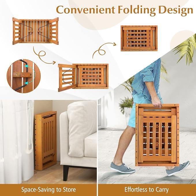 Tangkula Patio Foldable Side Table, Outdoor Folding Acacia Wood Coffee Table w/Slatted Tabletop, Portable Patio Table for Backyard, Poolside, Balcony (2)