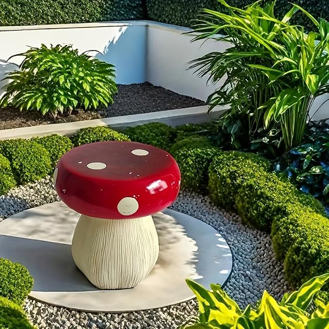 Large Mushroom Statue Stool – 13.4" Resin Garden Sculpture with Forest Base, Red Art Deco Outdoor Decor for Lawn Patio Courtyard, Weatherproof Decorative Stool, Unique Garden Gift