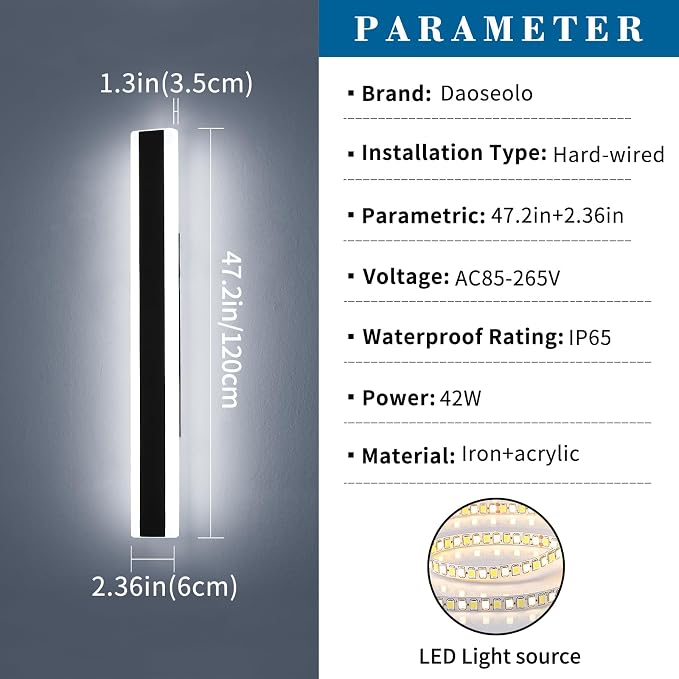 Long Outdoor Wall Light Fixture, 47.2inch Garage Modern Wall Sconce, 6000K Cold White, IP65 Waterproof, White Acrylic, 42W, Minimalist House Exterior Lighting for Patio, Porch, Garden, Fence