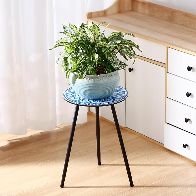 1 Pack Metal Mosaic Round Side Tables 13.4" Small Outdoor Patio Round Accent Coffee Tables Indoor Corner Stand for Small Spaces Weather-Resistant for Balcony, Porch Plant Stands Indoor, Light Blue
