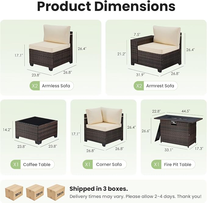 Soohow 7-Piece Patio Furniture Set with 44" Fire Pit Table, Outdoor Sectional Wicker Rattan Conversation Set for Garden, Porch, Backyard - Beige Cushions