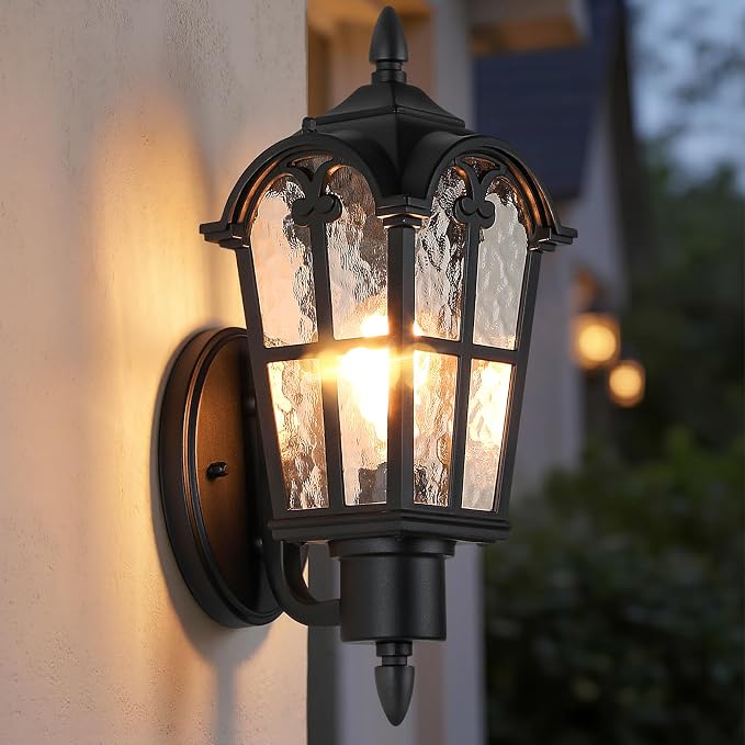 20’’ Extra Large Outdoor Wall Light Fixture, Exterior Wall Lantern Sconce | Waterproof, Rust-resistant, Matte Black, Water Ripple Glass, Quick & Easy Installation, Retro & Traditional