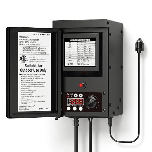 Low Voltage Transformer 300 Watt with Timer, Photo Eye Sensor and Weather Shield for Outdoor Lighting Metal Transformer 120V AC to 12V AC 9920-0300-01