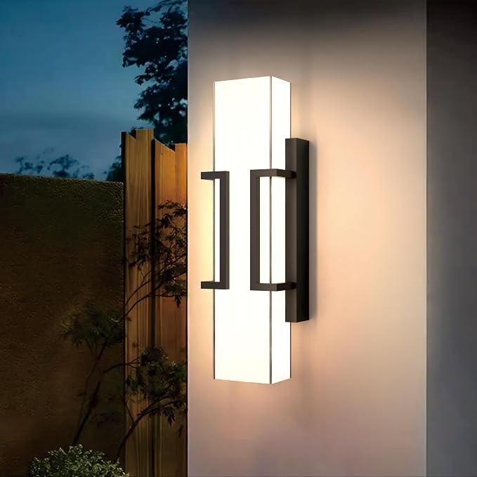Hyunbae Modern Outdoor Wall Sconce Lights, Black Dimmable LED Porch Light | 16" Exterior Lighting Fixtures, IP65 Wall Mount Waterproof, White Glass Shade, House Garage Patio Use, 3000K Warm Glow