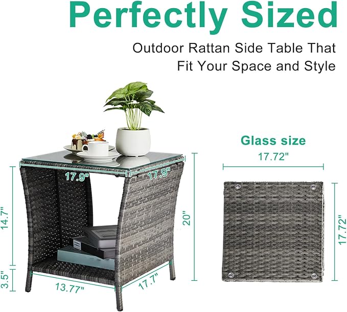 Outdoor Wicker Side Table with Tempered Glass, All-Weather Rattan Side Table with Storage Shelf, Wicker Patio Table for Outdoor Patio, Porch, Garden, Grey