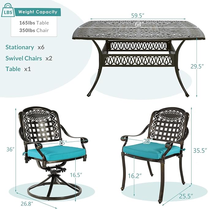 MEETWARM 9-Piece Outdoor Patio Dining Set for 8, All Weather Cast Aluminum Patio Funiture Table and Chairs Set- Large 64" Square Table and 2 Swivel Rocker Chairs, 6 Stationary for Garden, Ocean Blue