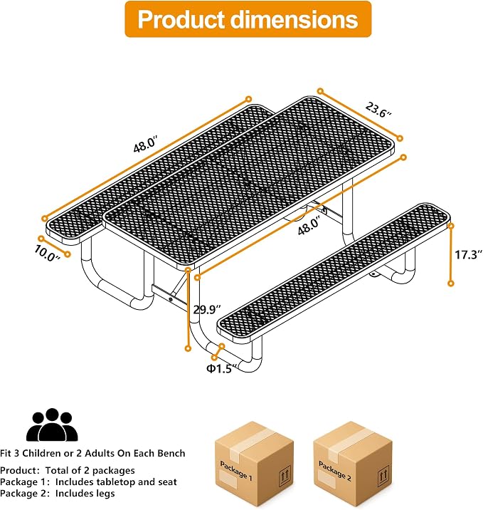4ft Rectangular Picnic Table – Heavy-Duty Metal Mesh Outdoor Dining Table, Thermoplastic Coated Steel, Outdoor Living, Parks & Schools (Black, 4ft)
