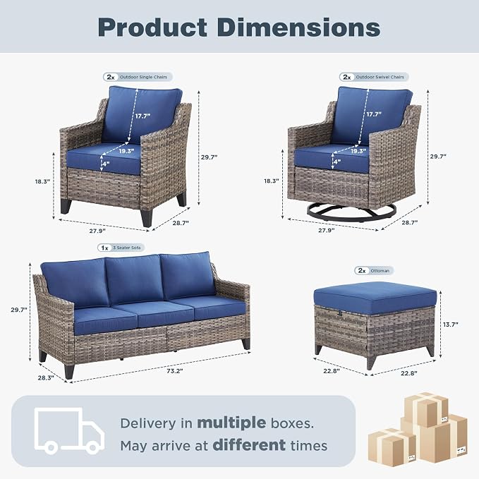 Belord Patio Wicker Swivel Rocker Patio Chairs with 3-Seater Sofa, Outdoor Rattan Chairs for Deck Porch Poolside, 7 Piece Patio Conversation Furniture Set,Blue