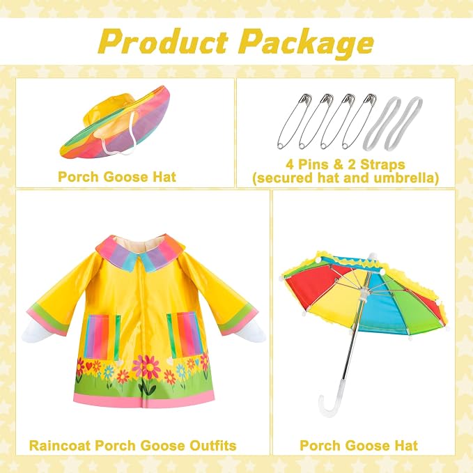 Raincoat Porch Goose Outfits, Spring Goose Clothes for Garden Decor | for 23" Cement/Plastic Goose Statue, Rainy Season Porch Goose Clothes & Umbrella & Hat, Lawn Goose Decor for Yard Statues