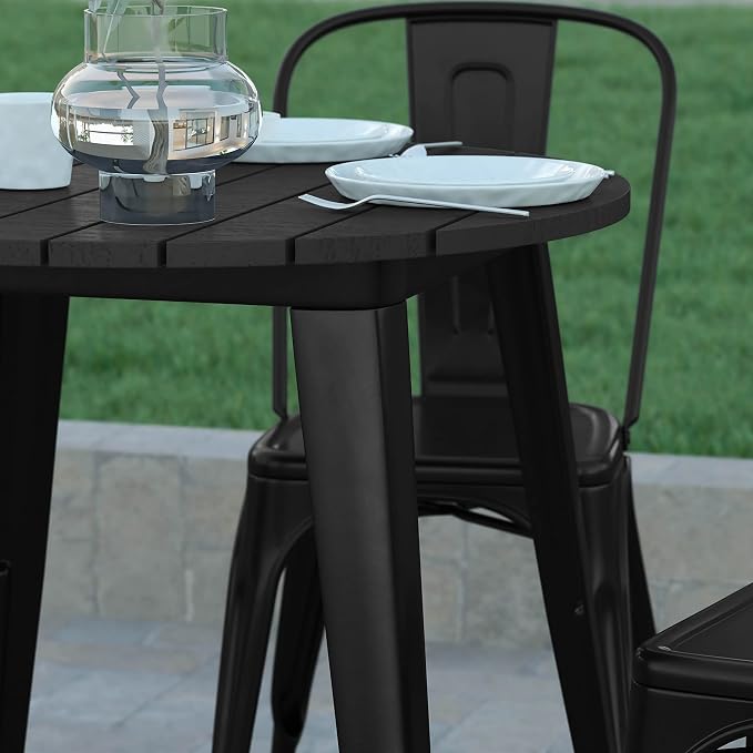 EMMA + OLIVER Drew Dining Table - Black 30" Round Poly Resin Table Top - Black Steel Base - All-Weather for Indoor/Outdoor Use