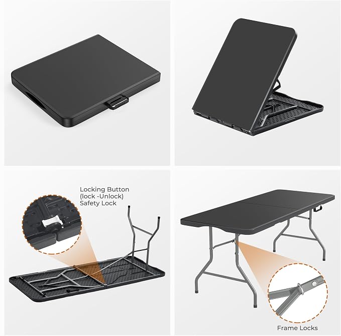 Fenbeli 6FT Folding Table, 350 LBS Heavy Duty Foldable Table with 18% Thicker HDPE Waterproof Top, Fold in Half Portable Table with Handle, Steel Frame for Indoor Outdoor Party Events