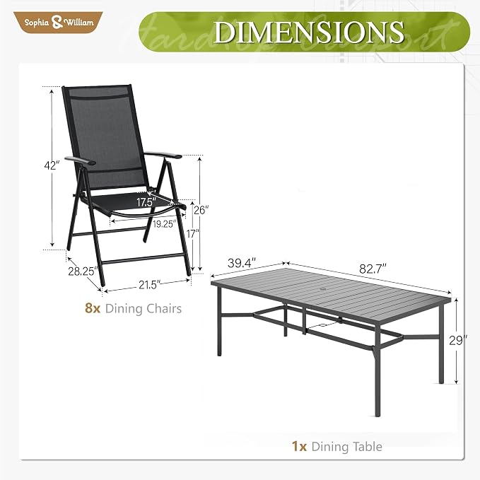 Sophia & William Patio Dining Set for 8 with Folding Chairs, Black | Light-weight & space-saving, Quick-drying, Rectangular, Umbrella Hole, Weather-Resistant, Adjustable, Outdoor deck