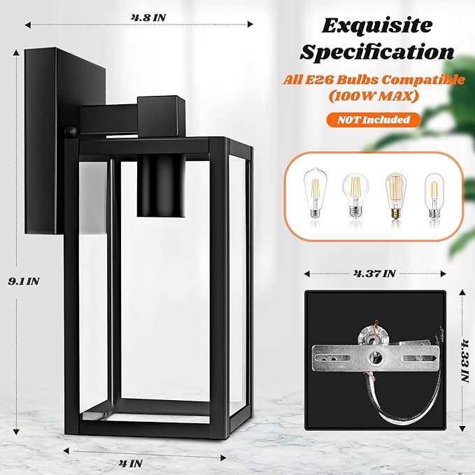 2-Pack Outdoor Wall Lantern, Exterior Waterproof Wall Sconce Light Fixtures, Black Outside Wall Lights with Clear Glass for House, Porch, Front Door, Garage, Patio, Bulbs Not Included