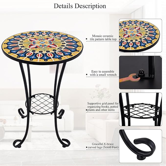 14 Inch Mosaic Patio Side Table with Scroll Legs, Indoor Outdoor Accent Round End Table with Ceramic Tile Tops for Yard, Garden, Living Room, Bistro, B - Grand Mandala