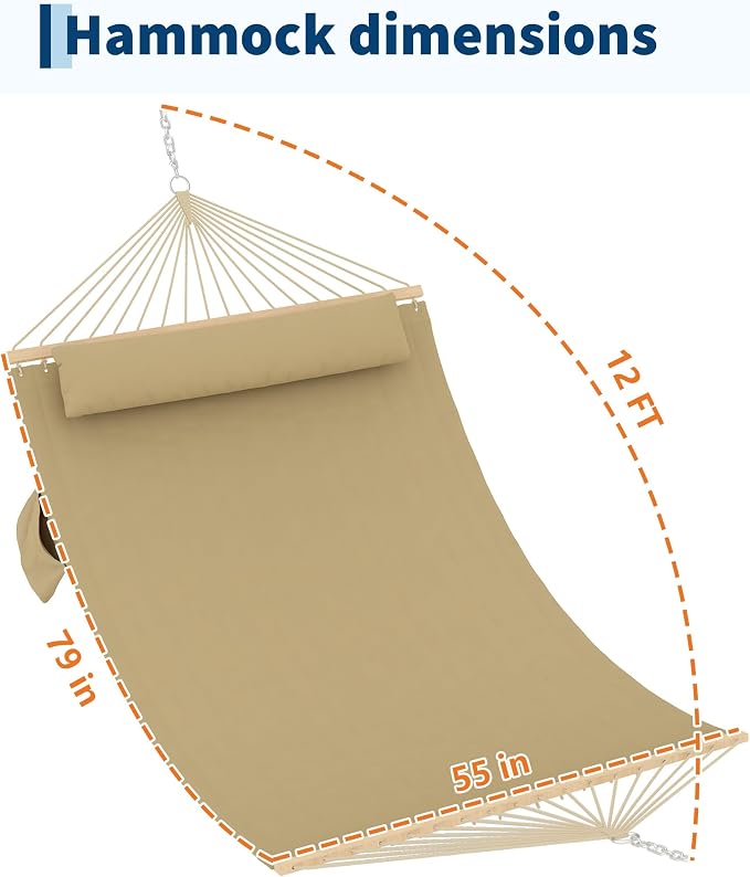 TrailBlaze Comfortable 2 Person Quilted Hammock with Hardwood Spreader Bars & Pillow – 450lbs Capacity – Ideal for Patio, Backyard, or Poolside – Double Outdoor Hammock – Tan
