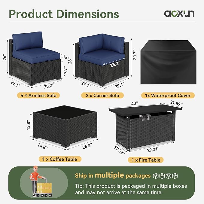 Aoxun 8 Piece Patio Furniture Set with 44” Fire Pit Table, Wicker Patio Sectional Sofa, Outdoor Furniture Set with Thickened Cushion, Blue