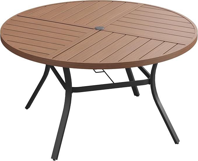 53.1" Outdoor Dining Table with Adjustable Umbrella Hole, Metal Slatted Round Patio Dining Table for Backyard Garden Deck, Walnut