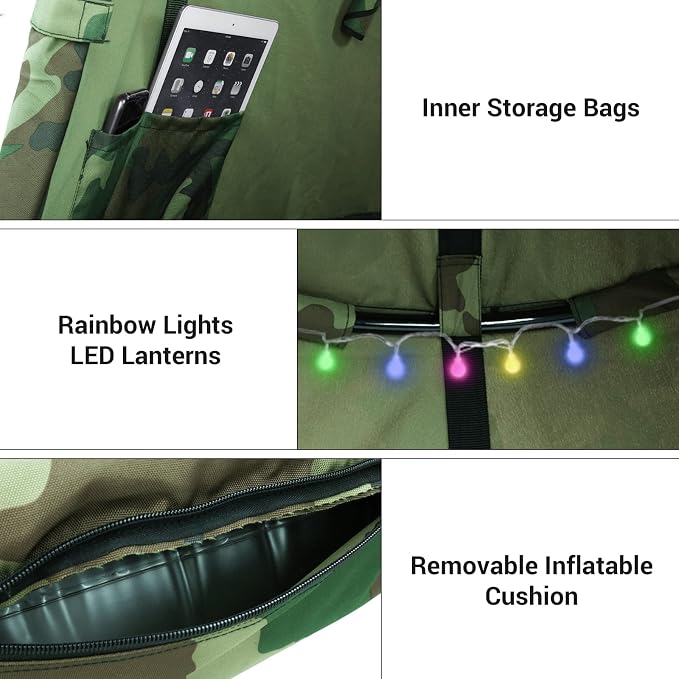 Hanging Tree Tent for Kid, Indoor Outdoor Hanging Tent, Waterproof Tree Ceiling Pod, Portable Hang Out Huggle Pod Play Tents w/Rainbow Lights String, Inflatable Base, 45" H x 44" W 330lbs