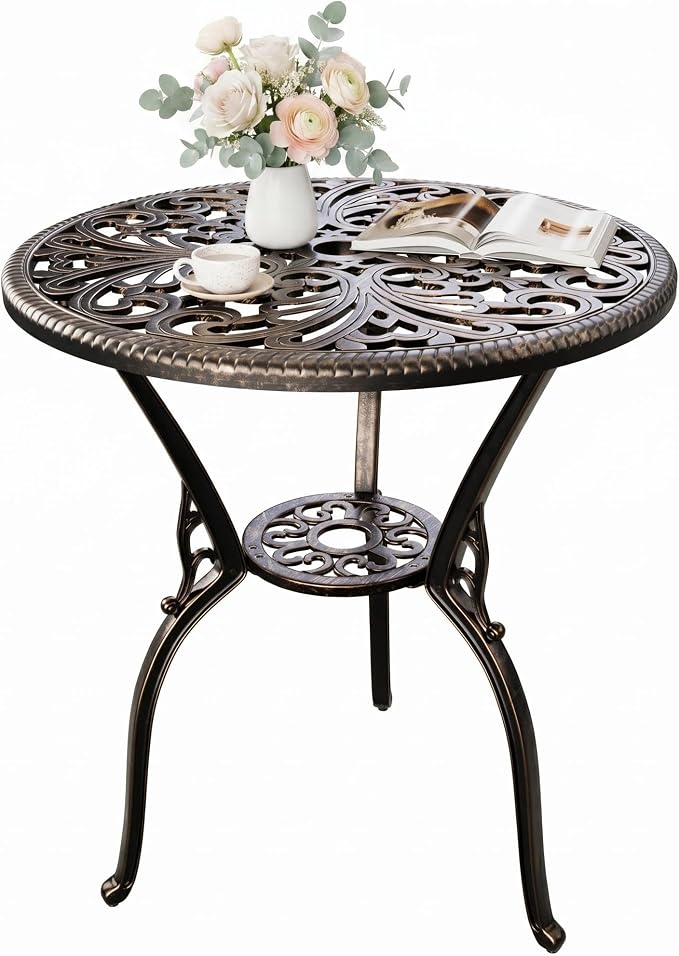 GAOMON 23" Cast Aluminum Patio Bistro Table with Umbrella Hole, Outdoor Round Coffee Bistro Side Table, Anti-Rust Outdoor Furniture for Backyard, Garden, Porch, Pool, Balcony, Bronze