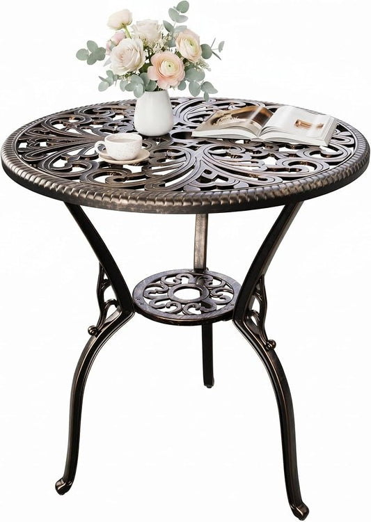 GAOMON 23" Cast Aluminum Patio Bistro Table with Umbrella Hole, Outdoor Round Coffee Bistro Side Table, Anti-Rust Outdoor Furniture for Backyard, Garden, Porch, Pool, Balcony, Bronze