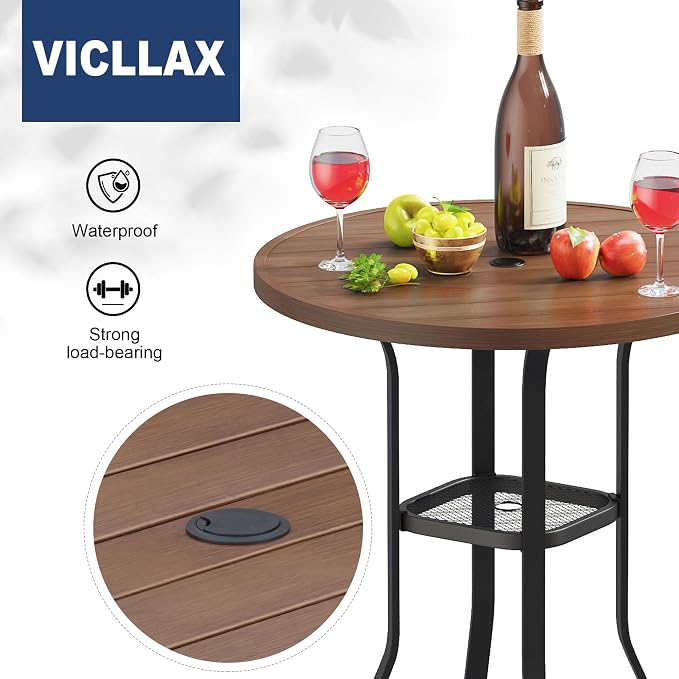 VICLLAX Outdoor Bar Table, 35.4" Wide Round Patio Bar-Height Table Weather Resistant Metal Slatted Tabletop with Umbrella Hole for Front Porch Deck, Backyard, Walnut