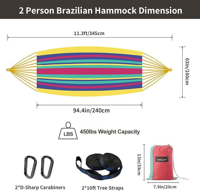 CHULIM Brazilian Double Hammock with Tree Straps,Extra Large 94x63IN,2 Persons Hammock for Backyard Patio Outdoor and Indoor,450lbs Weight Capacity,Soft Woven Cotton Fabric - Aqua Bule Stripe