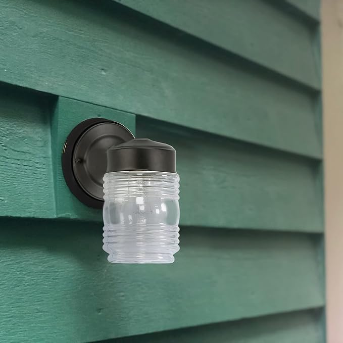 Design House Outdoor Wall Light, Jelly Jar Shape, Clear Ribbed Blass, Dimmable, Wet Rated, LED-Compatible, for Porches/Patios/Garages, Matte Black, 5.25 in W x 7.5 in H, 502195 | Wall Mount, Traditional, Steel, Lighting, 502195