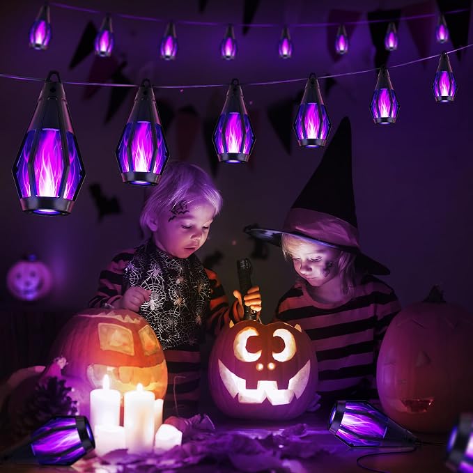 iBaycon 27FT 10 LED Solar Flame Halloween String Lights Outdoor, Purple | Ultra-Real Flickering Flame Lamp Outdoor Waterproof, Solar Patio String Lights for Garden Yard Lawn Halloween Decorations