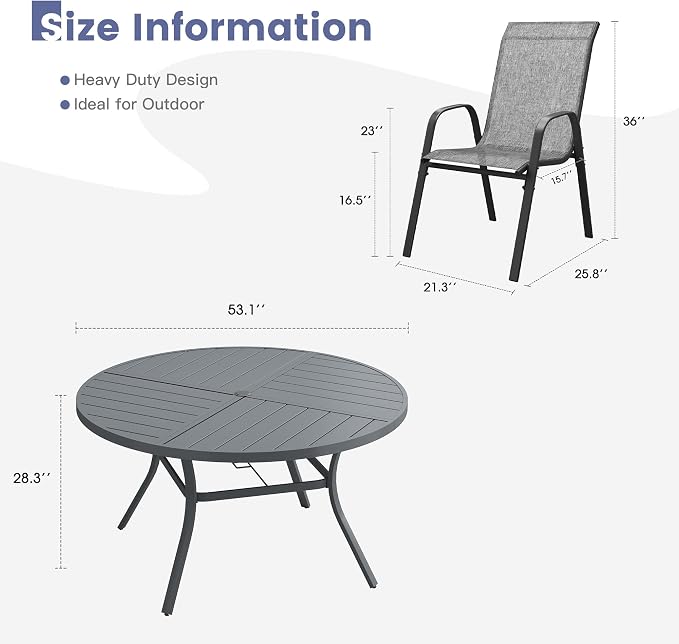 VICLLAX Round Outdoor Patio Dining Set for 8, Metal Slatted Patio Table with Umbrella Hole and 8 Stackable Patio Chairs for Deck Lawn Garden, Grey Fabric and Dark Grey Tabletop