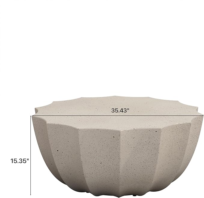35" Indoor Round Coffee Table, Waterproof Coffee Table Modern MgO Cement Design End Tables for Living Room, Patio Outdoor Coffee Tables for Garden, Backyard, Balcony, White