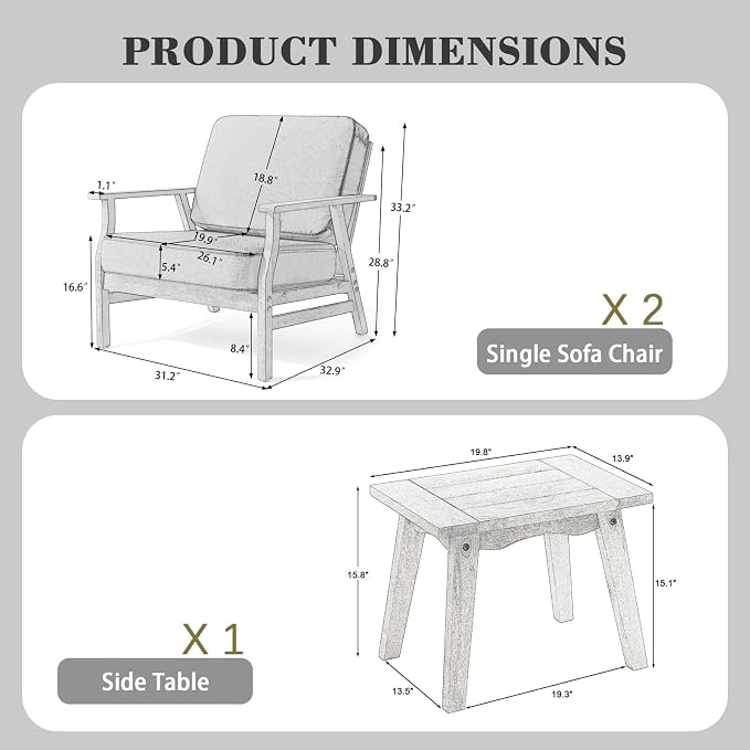 3 Piece Wood Patio Chair Outdoor Bistro Set, Outdoor Armchair All Weather Patio Sofa Furniture Backyard Conversation Sets with Dark Wooden Side Table, Light Camel
