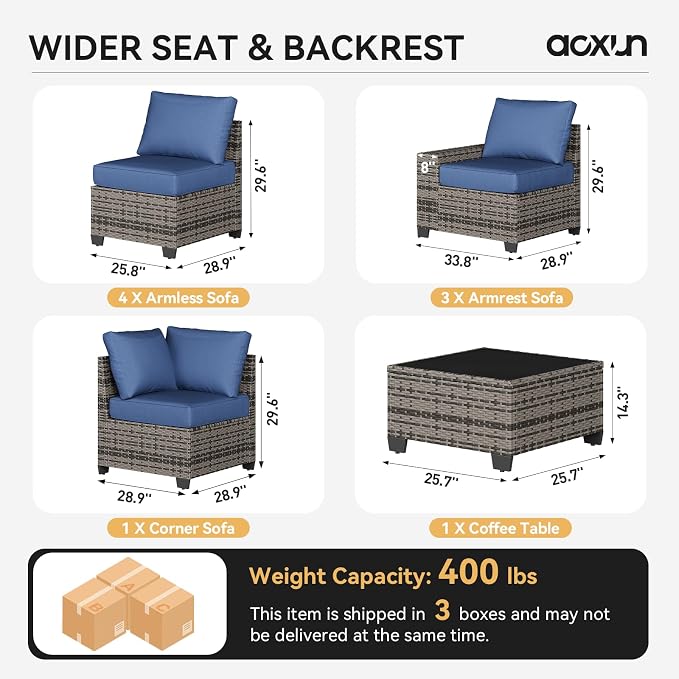 Aoxun Patio Furniture Set, 9 Pcs Outdoor Patio Furniture Sets with 4 in Thicken Cushion, Widen Armrests Wicker Outdoor Sectional for Backyard & Garden, Navy Blue