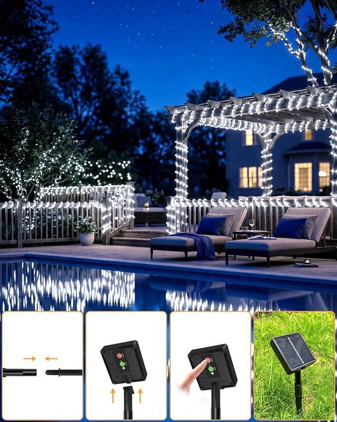 btfarm Solar Rope Lights, 120LED 46FT Solar String Lights Outdoor Waterproof, 8 Lighting Modes Solar Powered Strip Trampoline Light for Outside Garden Tree Christmas Yard Patio Decor, Cool White